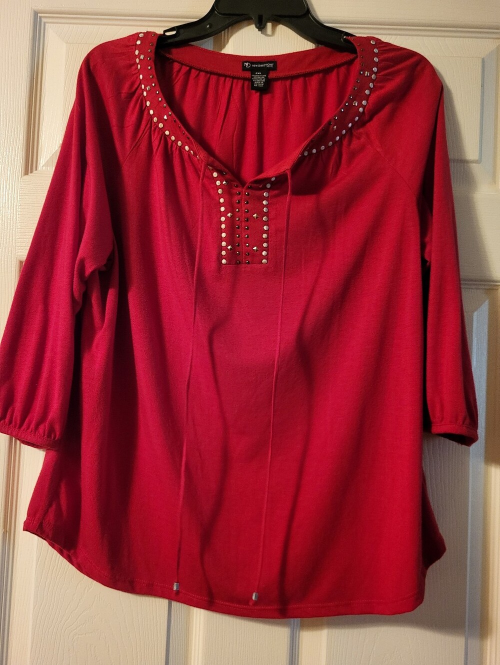 NY Collection Red Stud-Trim Scoop Neck Long Sleeve Top